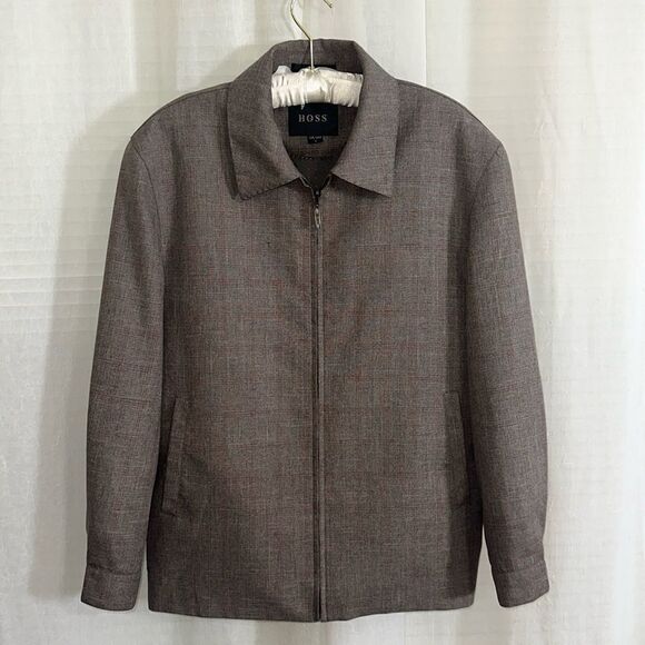 HGSS L Men’s Houndstooth Plaid Brown Full Zip Dress Wool Blend Jacket - Picture 1 of 12